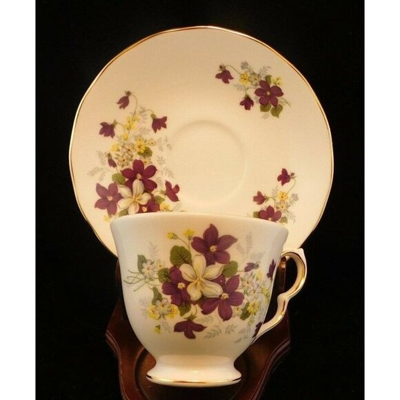 Royal Vale English Bone China Tea Cup Saucer With Violets Design Gold Trim - Picture 2 of 10